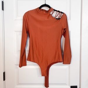Minette Burnt Orange Asymmetrical Bodysuit, Size Large